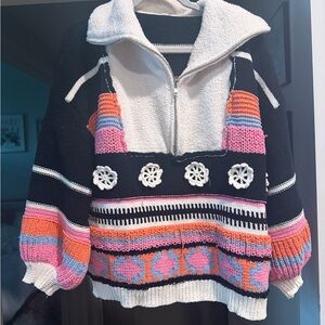 Colorful Women's Sweater with Zip-Up Collar